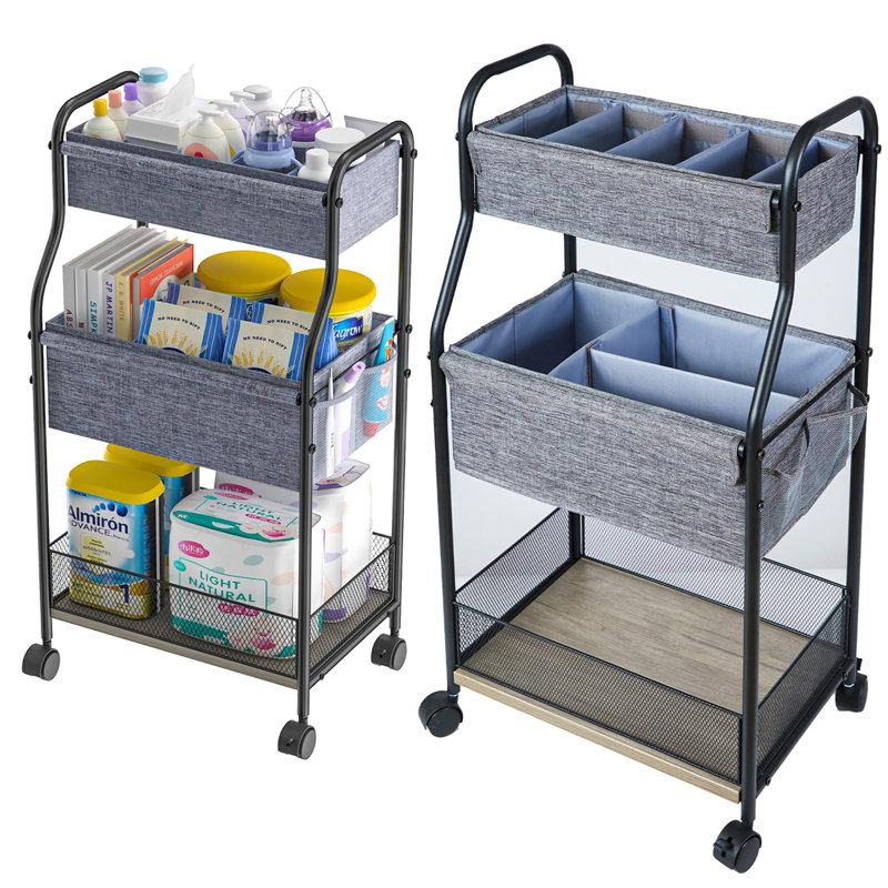 3-Tier Baby Diaper Caddy Organizer And Storage Cart With 4+2 Dividers, Mobile Metal Utility Cart With Rolling Wheels, Large Capacity Rolling Cart