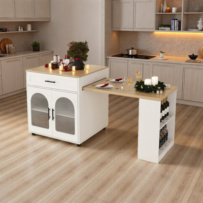 80-Inch Expandable Kitchen Island With Dining Table, Marble-Grain Countertop With Power Outlet, Mobile Storage Cart With Cabinet & 2 Drawers, Kitchen Prep Table