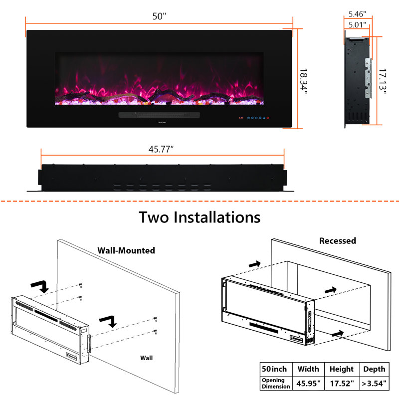  Recesses and Wall Mounted Electric Fireplace inserts, 18.34" H x 50" W x 5.46" D
