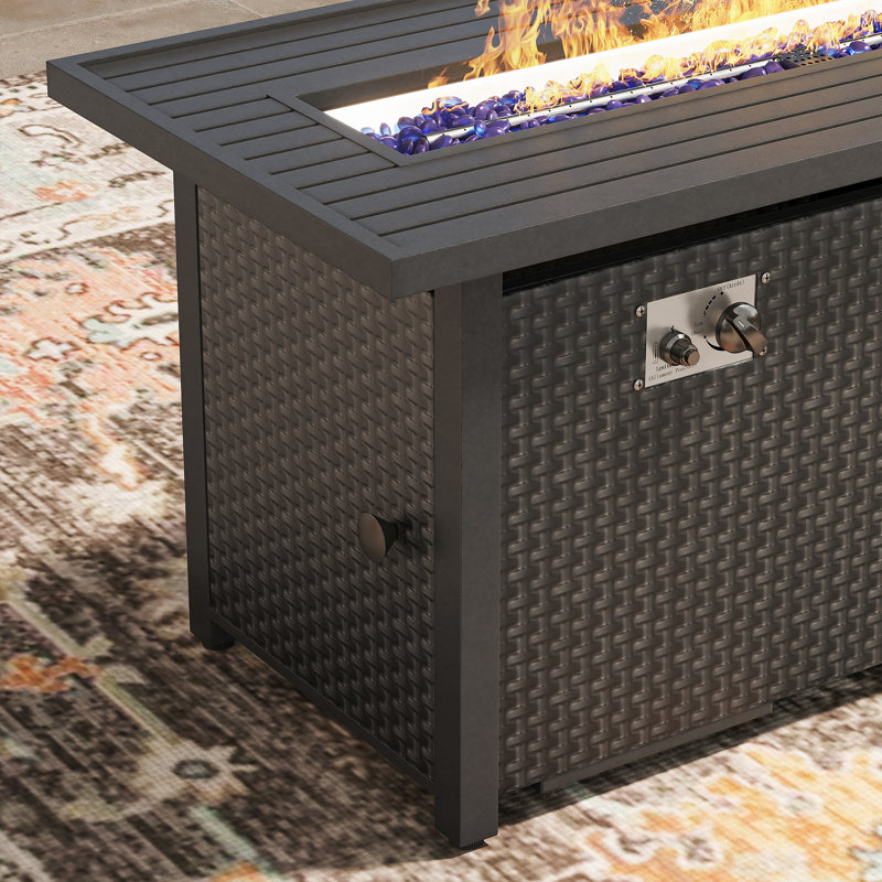 Table de foyer d'extérieur 45 po au propane rectangulaire en rotin pour l'extérieur