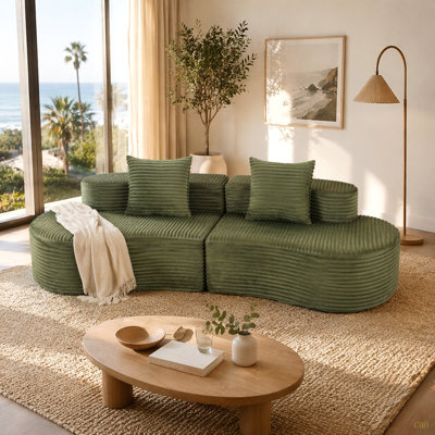 110.24" Fully Compressed Sofa, Corduroy 2-Seater Couch With 2 Lumbar Pillows, Cozy Deep Seat Upholstered Sofa, No Assembly Cloud Couch For Living Room & Bedroom
