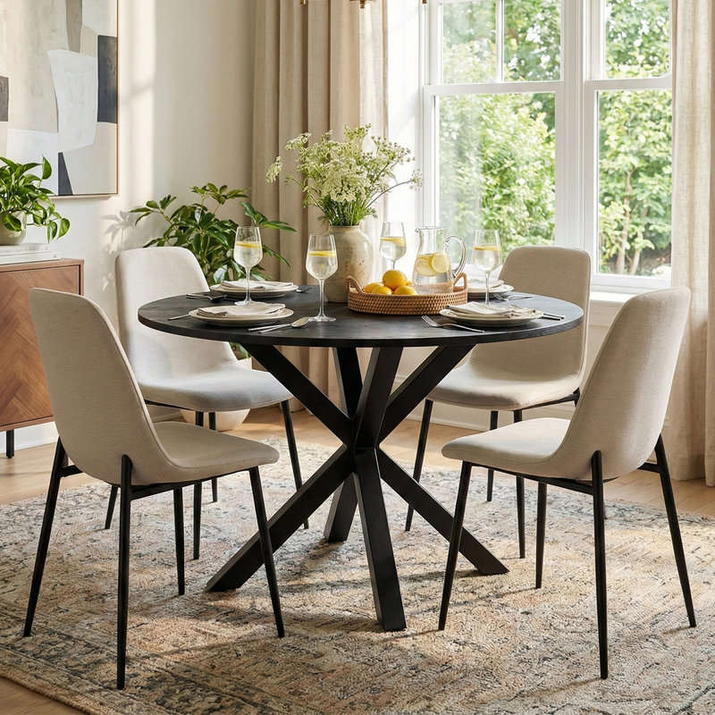 Folmar 39.5" W 5-Piece Round Dining Set with Chenille Chairs, Beige