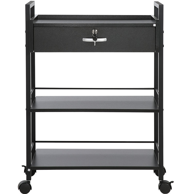 Black Medium MDF and Steel 3-Tier Salon Trolley Cart with Lockable Drawer