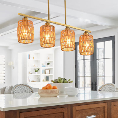 Luminaire suspendu en rotin de style campagnard, lustre tissé à hauteur réglable à 4 lumières pour îlot de cuisine et salle à manger, luminaire suspendu bohème rustique avec finition dorée
