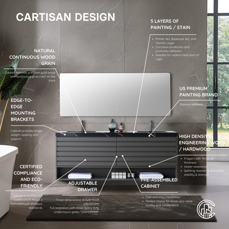 Matera 72" W Double Vanity, Black, Charcoal