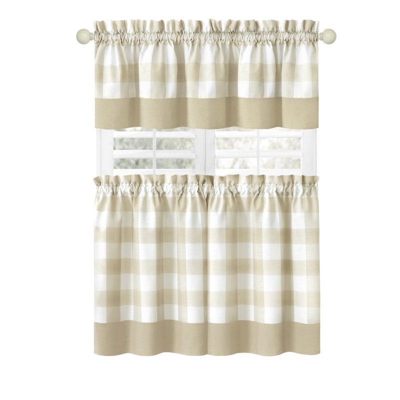  Country Farmhouse 3 Piece Plaid Cafe Kitchen Curtain Tier & Valance Set - Assorted Colors & Sizes, 24 in. Long, Taupe