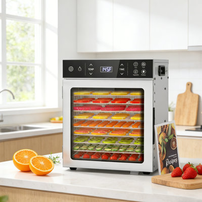 Déshydrateur d'aliments en acier inoxydable à 10 plateaux, ventilateur double 800 W, minuterie numérique et contrôle de la température, déshydrateur de grande capacité avec porte en verre pour saccades, fruits, herbes et gâteries pour animaux de c