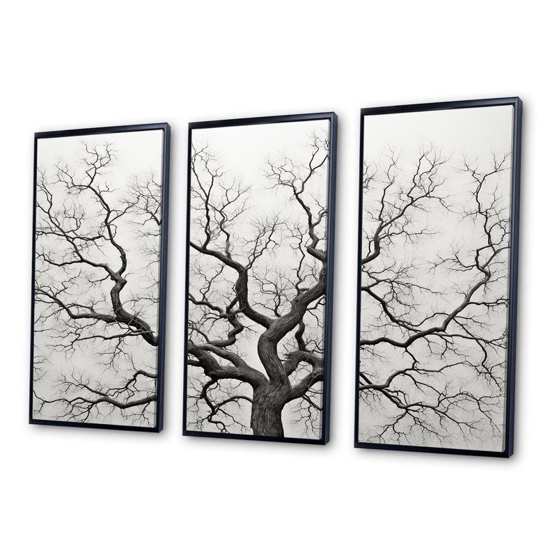 Minimalisme noir et blanc, arbres chêne I - ensemble de reproductions d'art mural chêne, Cadre flottant noir