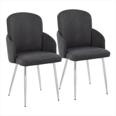 Sleek silhouette side chair set of 2 with gray-toned fabric seat and chrome metal legs, practical for the modern dining room or kitchen