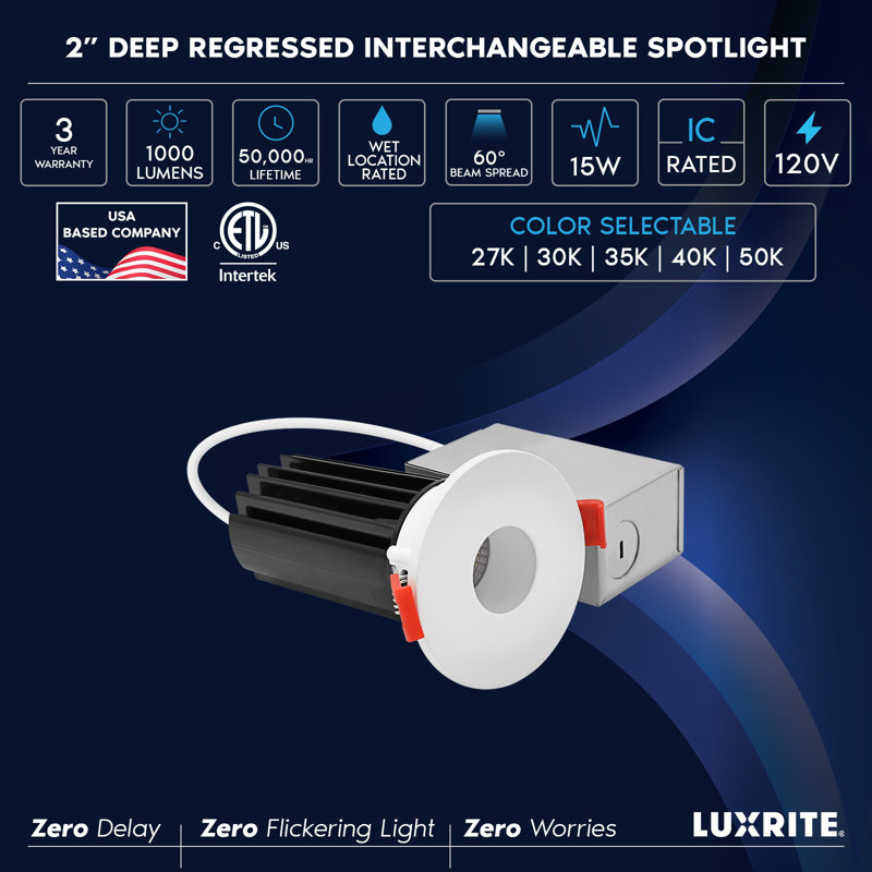 Ensemble de 2 po LUXRITE Éclairage encastré à DEL, lumière Canless à régression profonde, garniture ronde et blanche interchangeable, 5CCT, 1000LM, 15W, CRI80, paquet de 12 à intensité variable