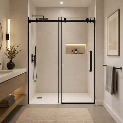 Frameless Single sliding shower door 48 "W x 76" H, 1/4 "(6 mm) Clear Tempered Glass, Explosion Proof Film, Stainless Steel Handle Square Tube Track ,Matte Black