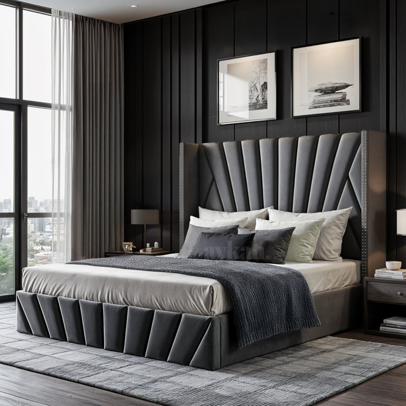 Lit avec rangement en velours, Gris, Grand