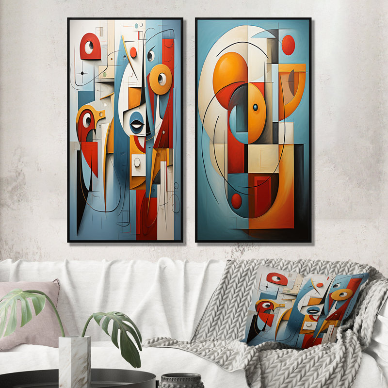 «Cubism Geometric Portrait», 2 pièces sur toile, Cadre noir, H 20 po x l 24 po