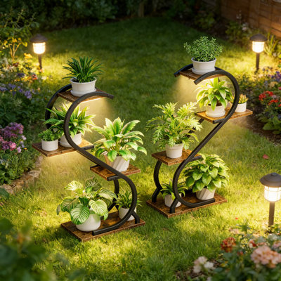 Indoor Plant Stand With Grow Light, 4 Tier Metal Plant Shelf With Timer & Dimmer, 2 Pack Space Saving Plant Stands For Living Room, Patio, Balcony