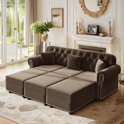 Canapé Chesterfield moderne de style Mid-Century rembourré en velours de 82,6 po avec garniture cloutée et capitonné, avec 2 coussins et 3 repose-pieds