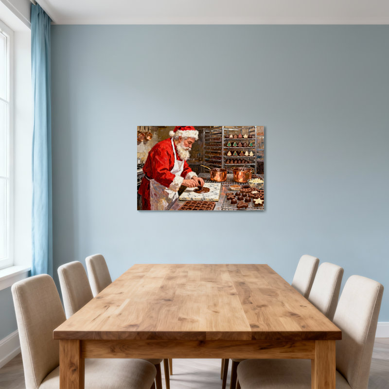 Père Noël faisant des biscuits au chocolat dans la cuisine, H 20 po x l 30 po