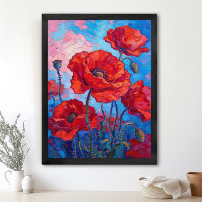 Art encadré noir coquelicots cramoisis sous un ciel de rêve, impression impressionniste