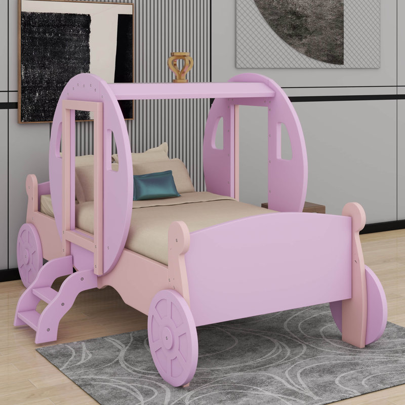Lit de transport de lit simple en bois avec couronne et lit plateforme avec escalier, Mauve / Rose