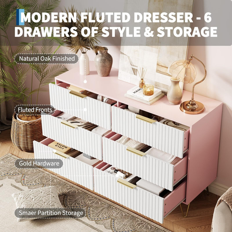 Modern Wood Dresser with 6 Fluted Drawers, Large Storage Chest for Bedroom or Living Room, Pink
