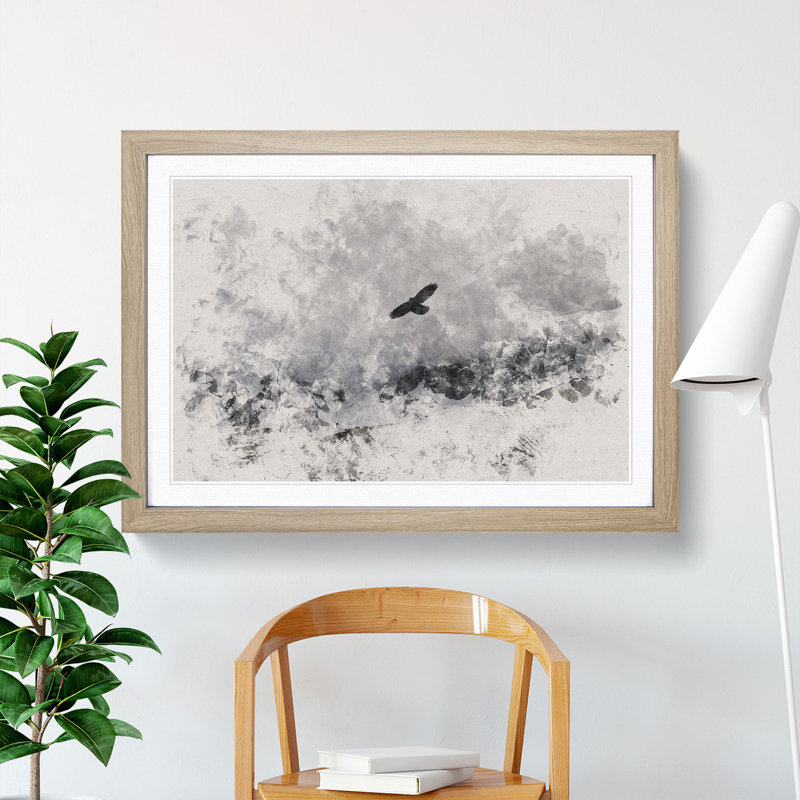 Bird Flying over Mountains - Picture Frame Graphic Art, 36cm H x 48cm W x 2cm D, Oak