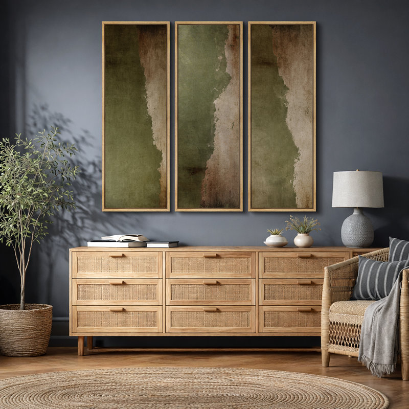 Subtile olive verte abstraite tons de terre triptyque - images très grandes impressions sur toile encadrées 3 pièces