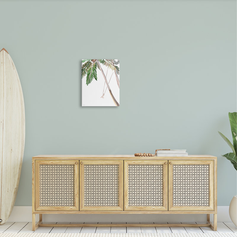 «Girl Swinging Tropical Palm Trees» par Amelia Noyes - impression, H 20 po x l 16 po x P 1,5 po, Toile tendue