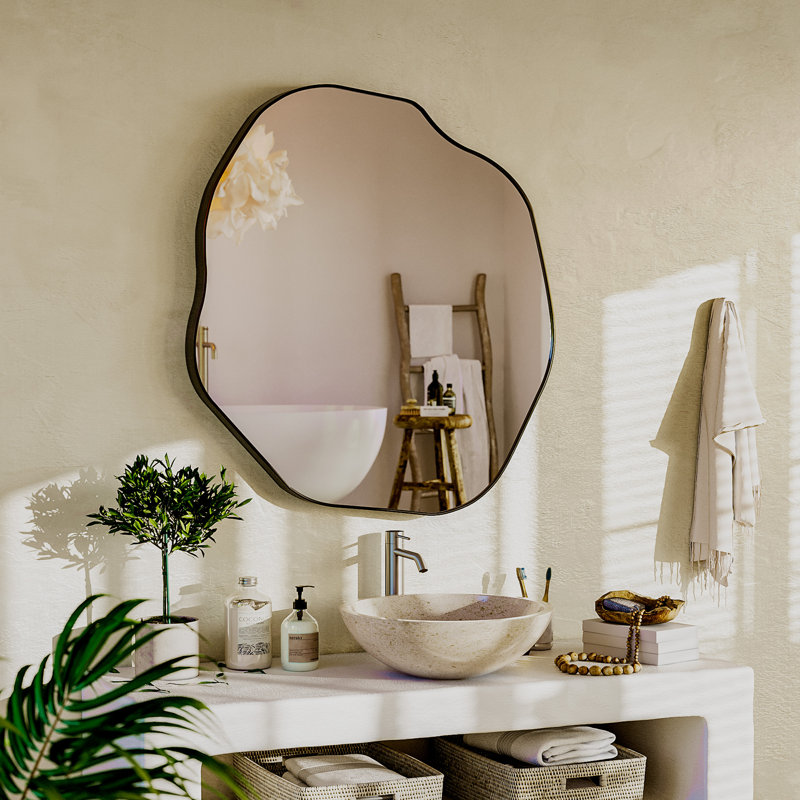 Miroir mural irrégulier, cadre en métal asymétrique moderne, verre HD pour salon, chambre à coucher, salle de bain - doré, 25 po x 28 po