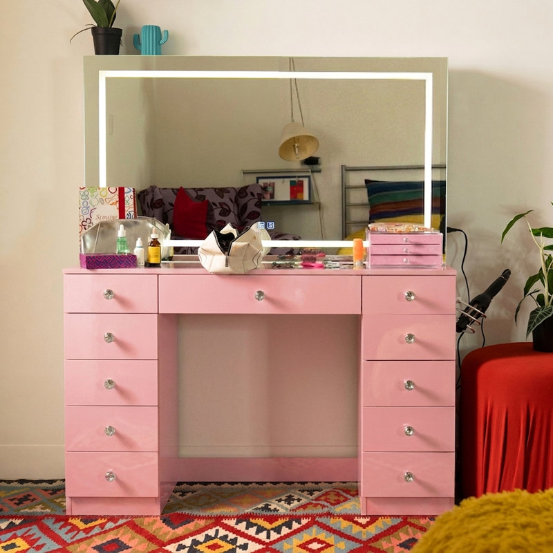 Boahaus Amelia Vanity Desk with LED Mirror – 11 Drawer Makeup Vanity Table Designed as a Complete Dressing Station with Integrated Power and Speakers