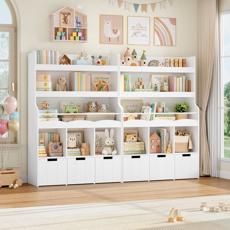 55.3" H Standard Kid Bookcase with 3-Tier Bookshelves, 39.3" W Modern Wood Toy Storage Organizer for Kids Room, Playroom, Kindergarten, White