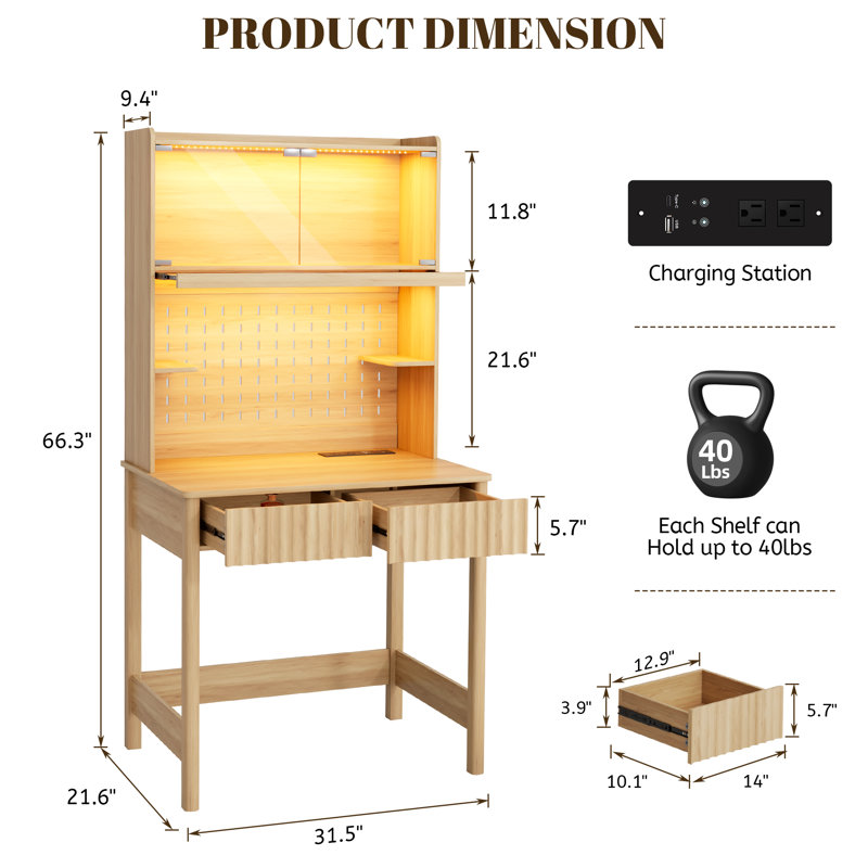 Computer Desk With Charging Station And Adjustable Led Lighting, Featuring Perforated Back Panel Design, Oak