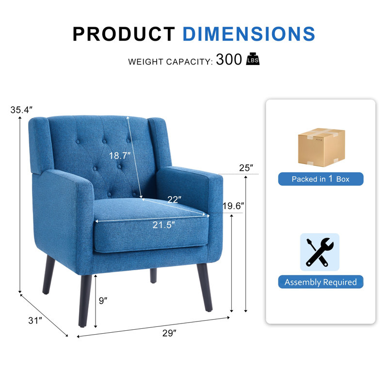 29" Wide Modern Upholstered Button-Tufted Accent Chair With Solid Wood Legs, Blue
