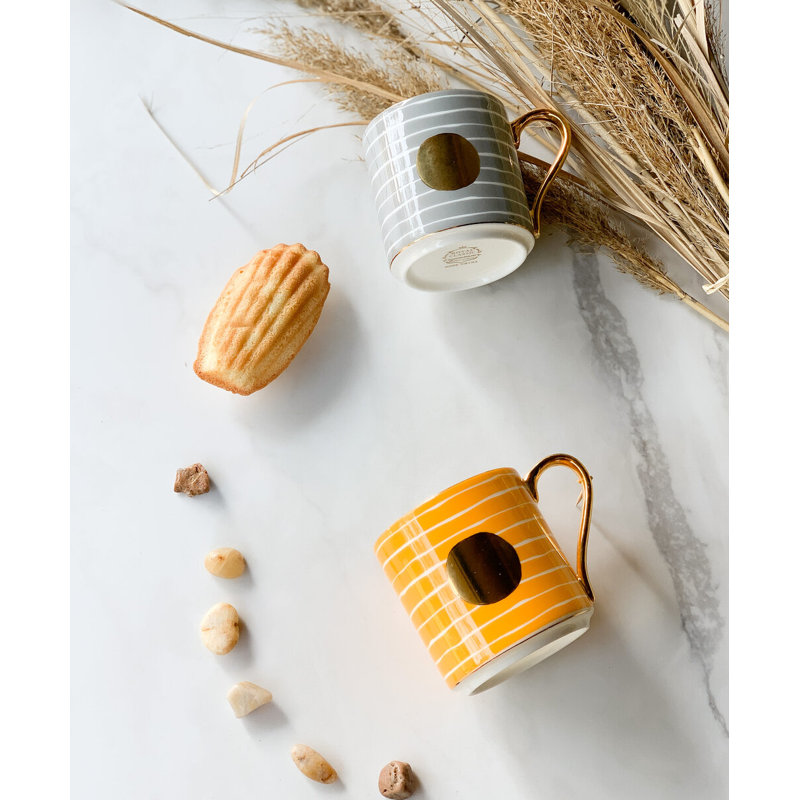 Tasse avec soucoupe - 8 oz, Jaune; blanc; or
