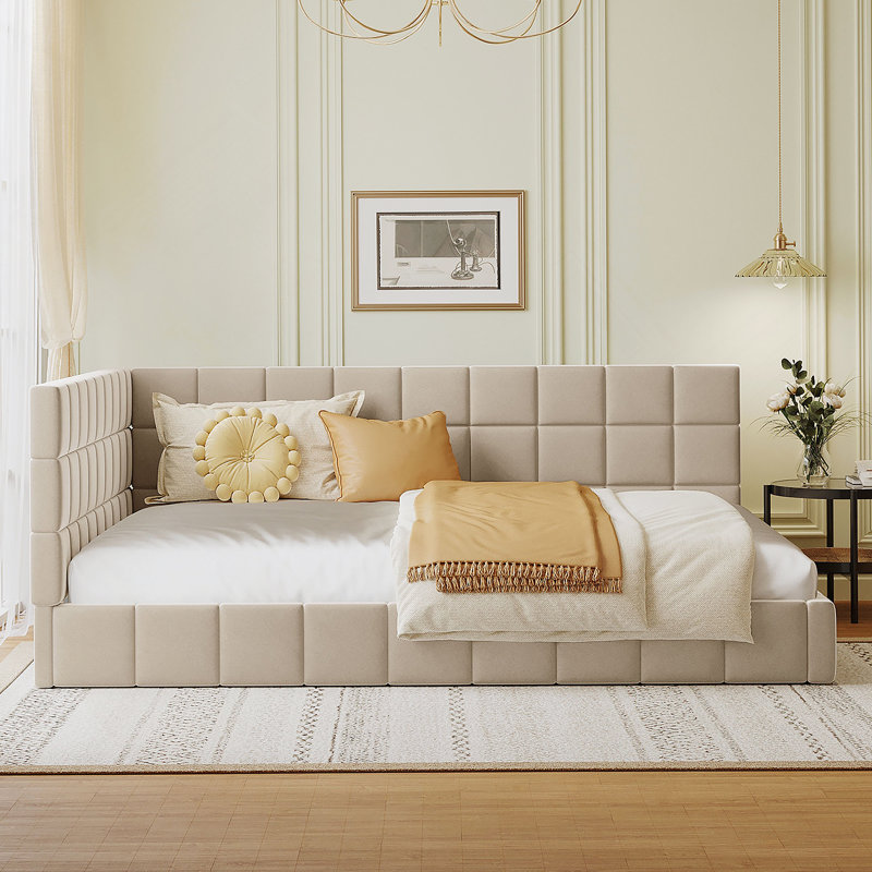 Upholstered Daybed/Sofa Bed Frame, Velvet, Beige
