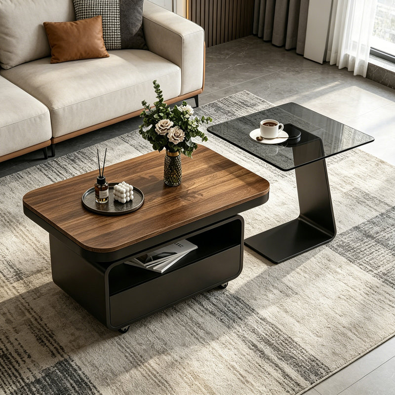 Table basse de luxe Modern Light, 18.5" H x 31.49" L x 15.74" W, Walnut/Clear/Black, Wood