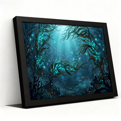 Toile noire encadrée en bois noir pour salon, chambre à coucher, bureau ou vestibule - décoration murale décorative avec forêt sous-marine