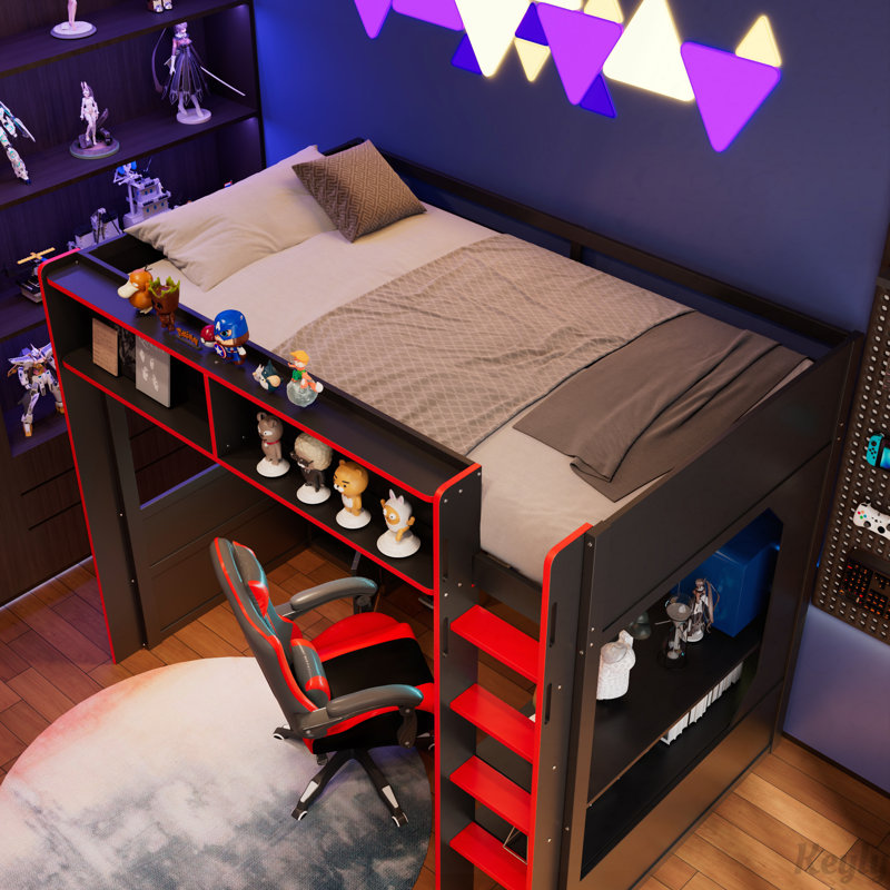 Lit mezzanine Gaming avec bureau, panneau perforé, DEL et rangement, Twin, Black+Red