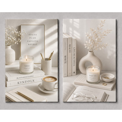Extra Large Set of 2 Minimalist Neutral Wall Art Canvas Prints, Scandinavian Boho Office Decor, Beige Botanical Still Life Artwork for Bedroom 24x36 Inch Canvas Print - Ready to hang