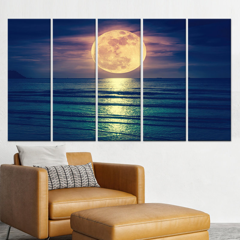 Toile imprimée paysage marin pleine lune: décor côtier contemporain, toile tendue 5P, 43,3 po H x 98,4 po l