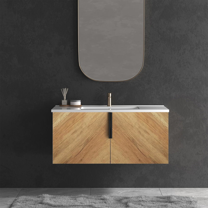Meuble-lavabo mural 36 po avec panneau cannelé 3D et lavabo intégré en céramique