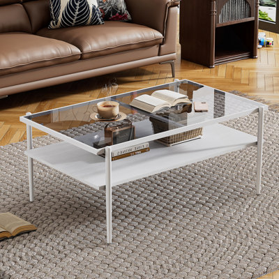 Rectangle Coffee Table With Gray Tempered Glass Top And White Legs, Modern Table For Living Room