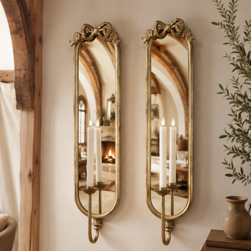 Ensemble de 2 appliques murales dorées à miroir avec porte-bougie décorative en fer
