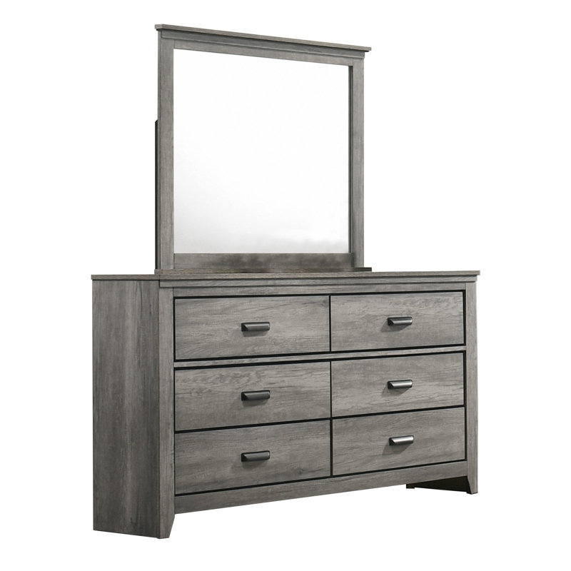 Ensemble de chambre à coucher avec lit plateforme Allamon, Gris, 6 pièces: lit, 2 tables de chevet, commode, miroi, Grand lit