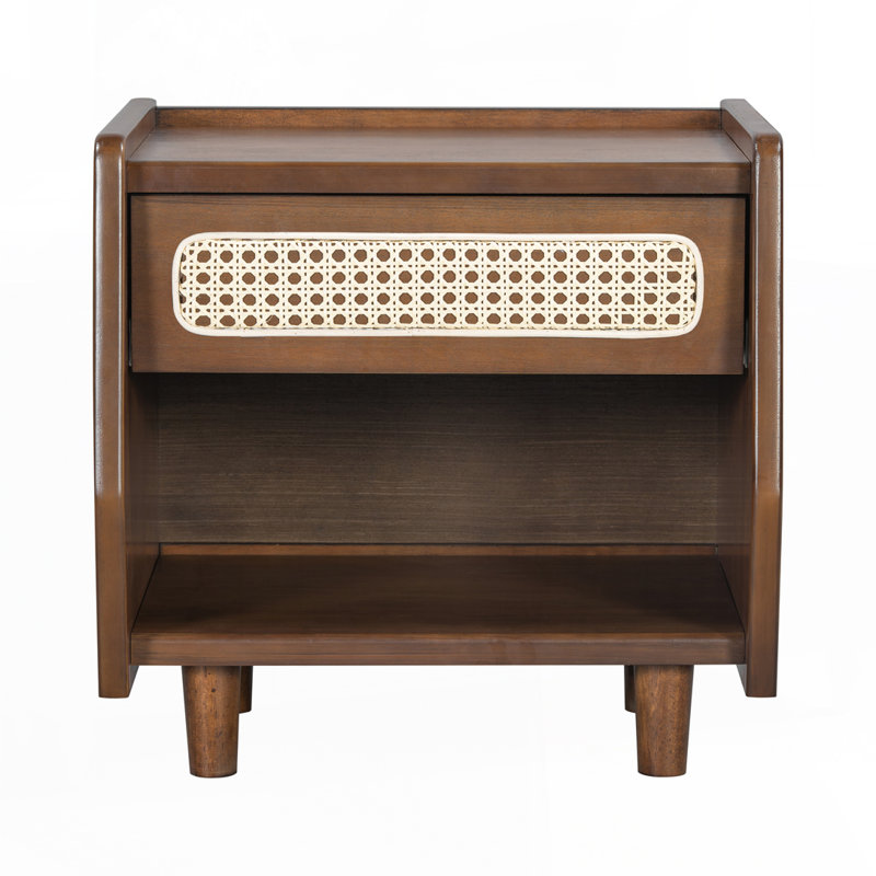 Table de chevet noyer avec détails en rotin, Walnut