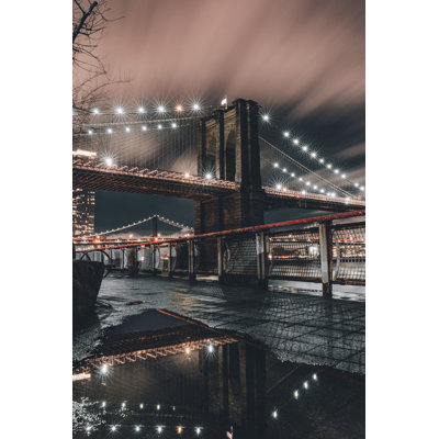 " New York City Bridge, Lights Strung, At Night, Reflection "