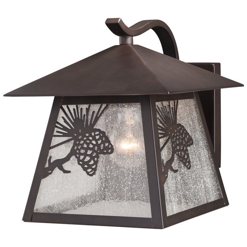 Josefina 9.75 in. H 1-Light Olde World Patina Rustic Pine Cone Outdoor Wall Sconce made of Durable Steel, Scavo Glass Shade, LED Compatible, Use for Exterior Porch Patio Front Door or Garage