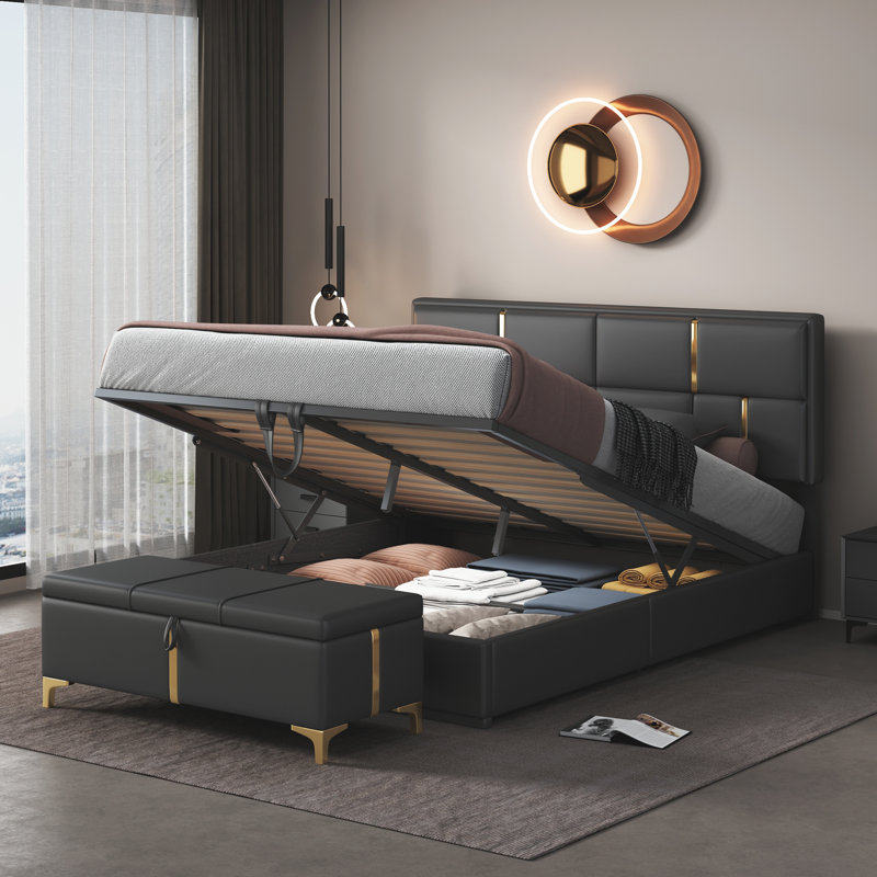Queen Size Upholstered Platform Bed with Storage Ottoman, Black