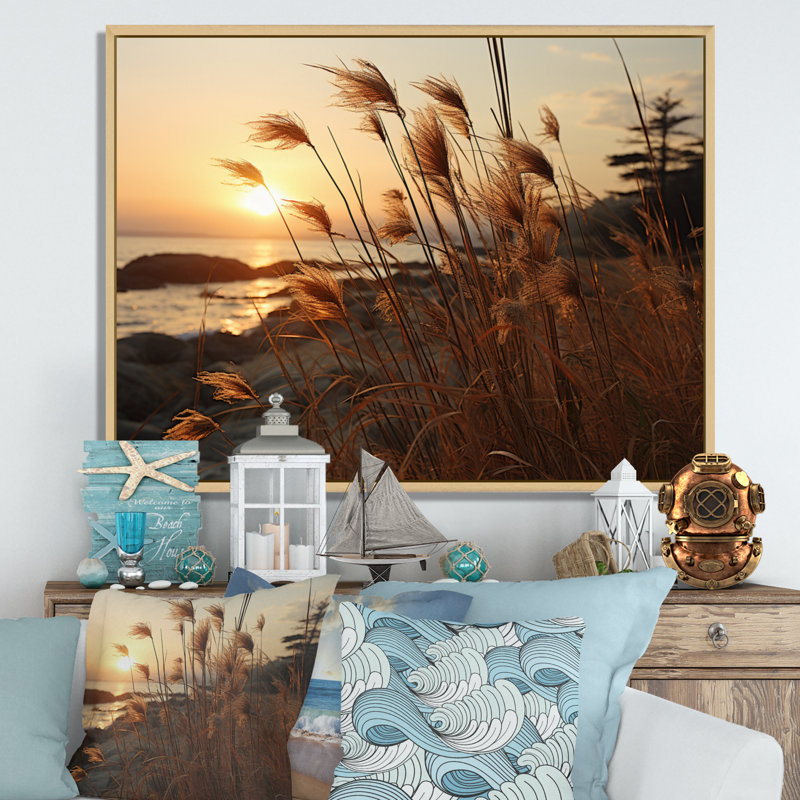 «Beach Breeze At Sunset II» - art mural de plage côtière pour le salon, H 16 po x l 32 po x P 1 po, Cadre naturel flottant