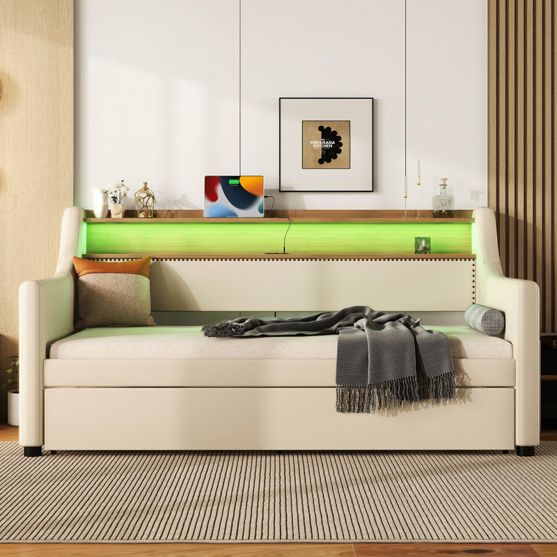 Lit de jour simple beige avec couchette - charge séduisante, lumières à DEL et tête de lit efficace