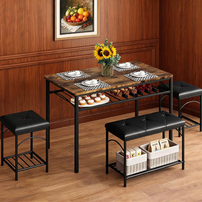Ensemble de table de salle à manger 4 pièces, avec banc rembourré et 2 tabourets