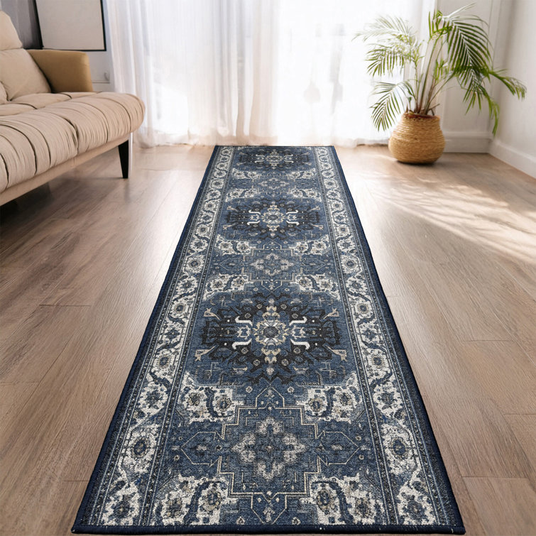 Antiq Blue Medallion Design Anti-Slip Carpet Runner